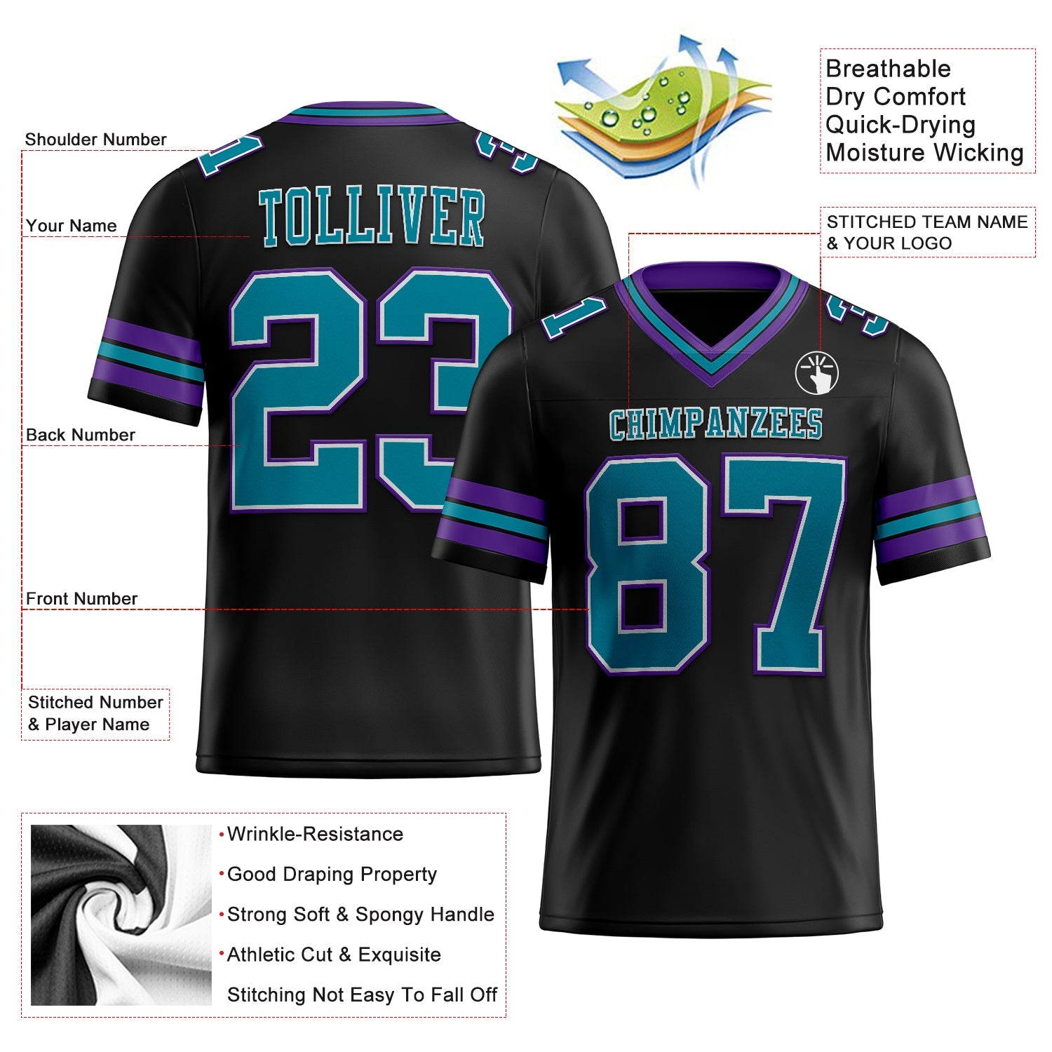 Custom Black Teal-Purple Authentic Football Jersey view 2
