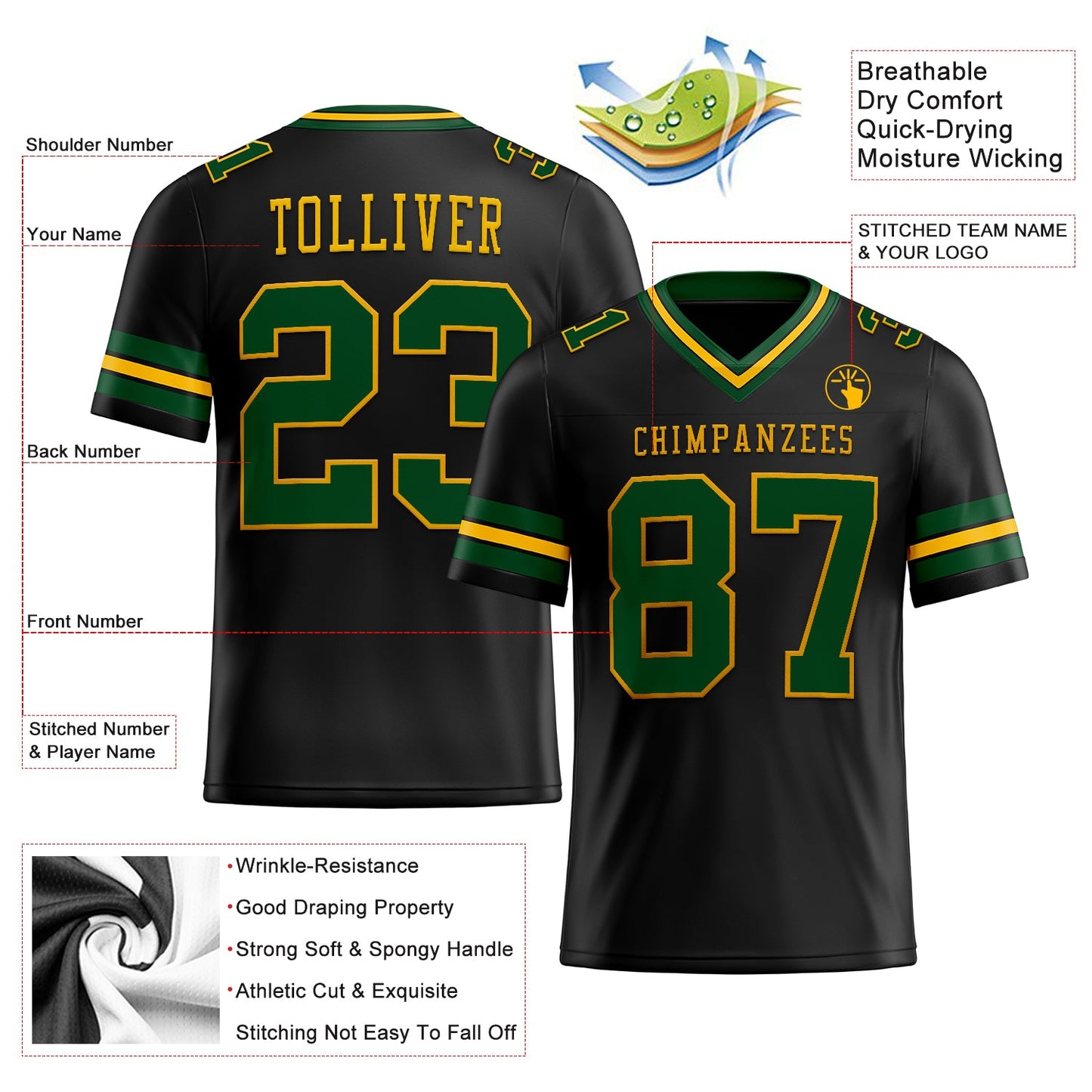 Custom Black Green-Gold Authentic Football Jersey view 2
