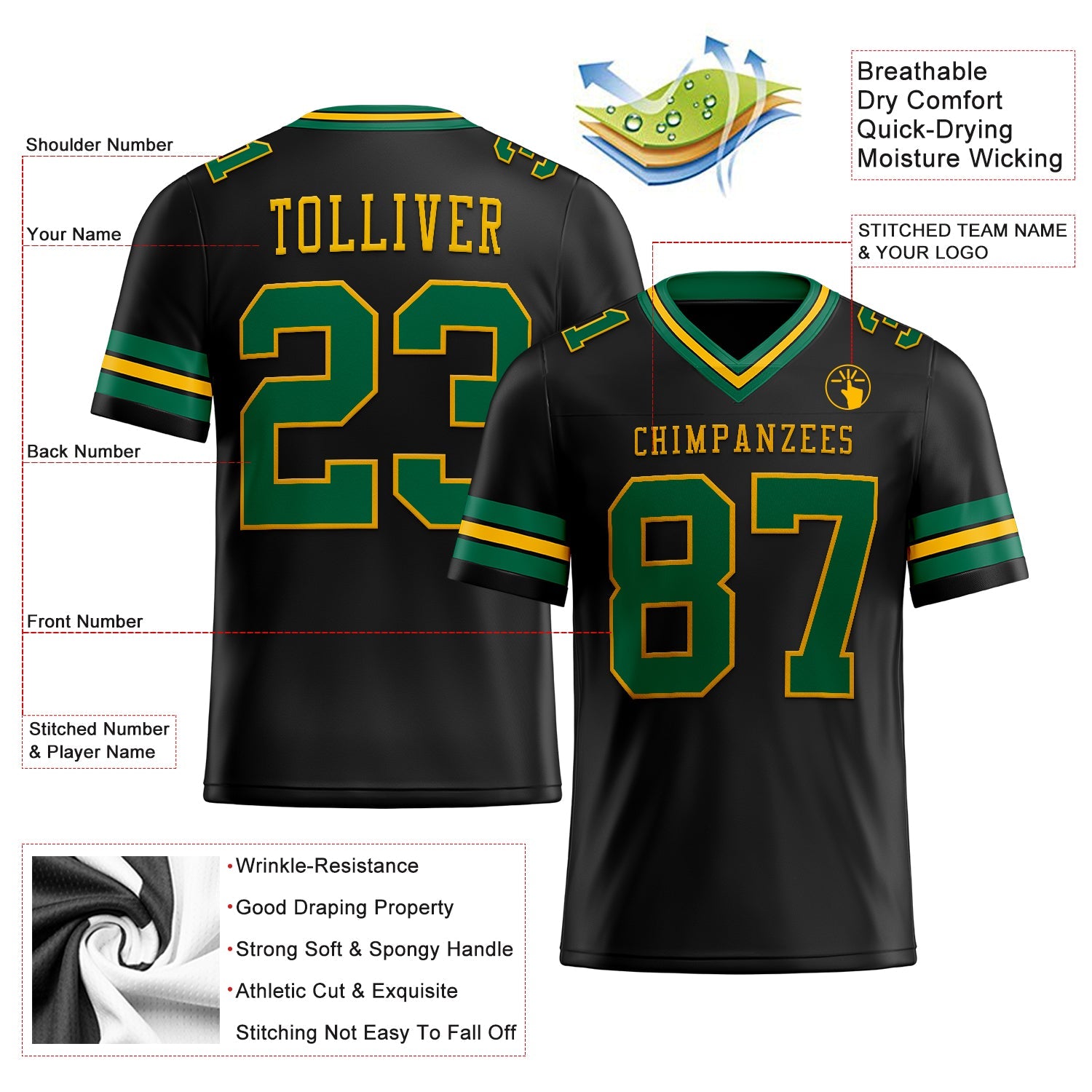 Custom Black Kelly Green-Gold Authentic Football Jersey view 2