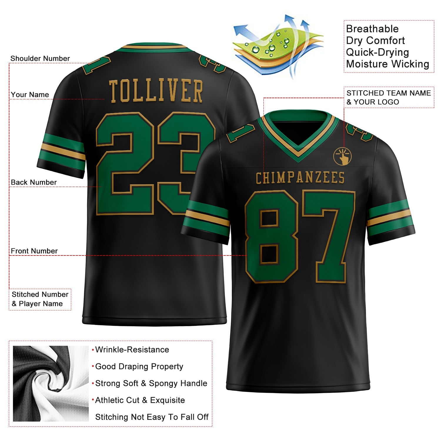 Custom Black Kelly Green-Old Gold Authentic Football Jersey view 2