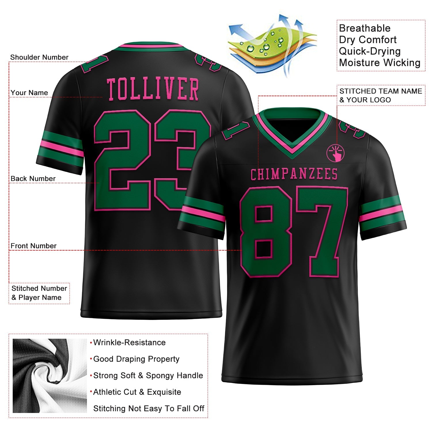 Custom Black Kelly Green-Pink Authentic Football Jersey view 2