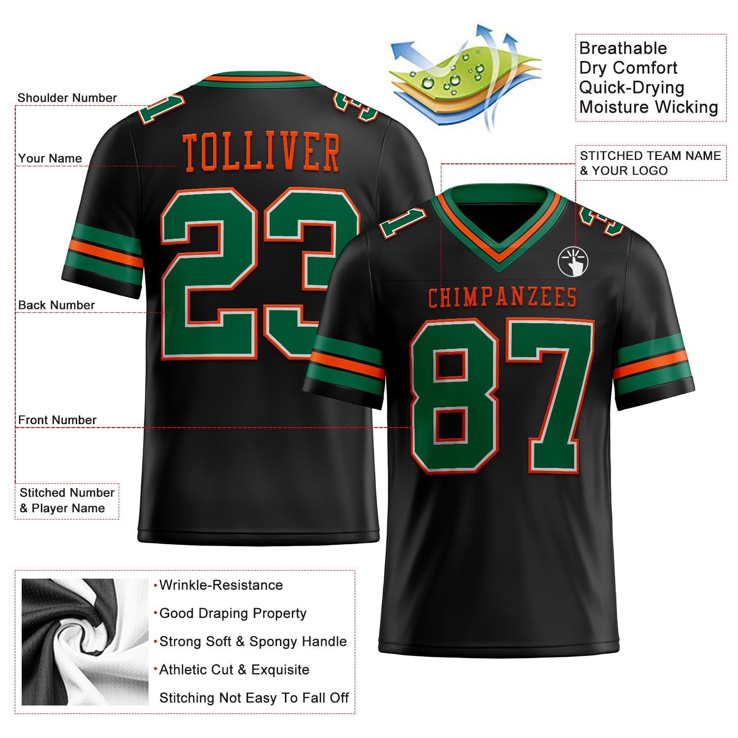 Custom Black Kelly Green-Orange Authentic Football Jersey view 2