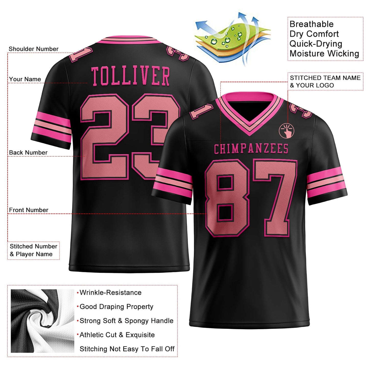 Custom Black Medium Pink-Pink Authentic Football Jersey view 2