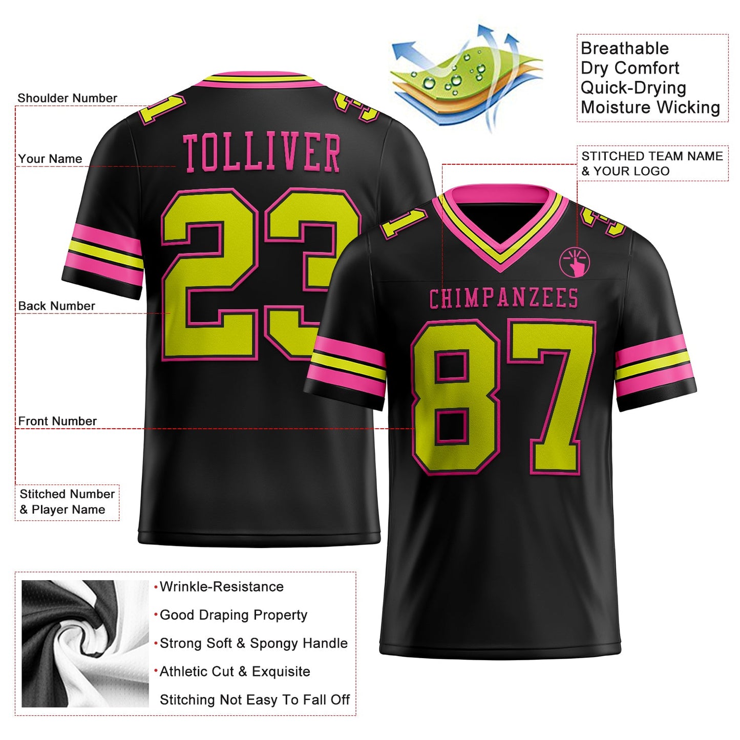 Custom Black Neon Yellow-Pink Authentic Football Jersey view 2