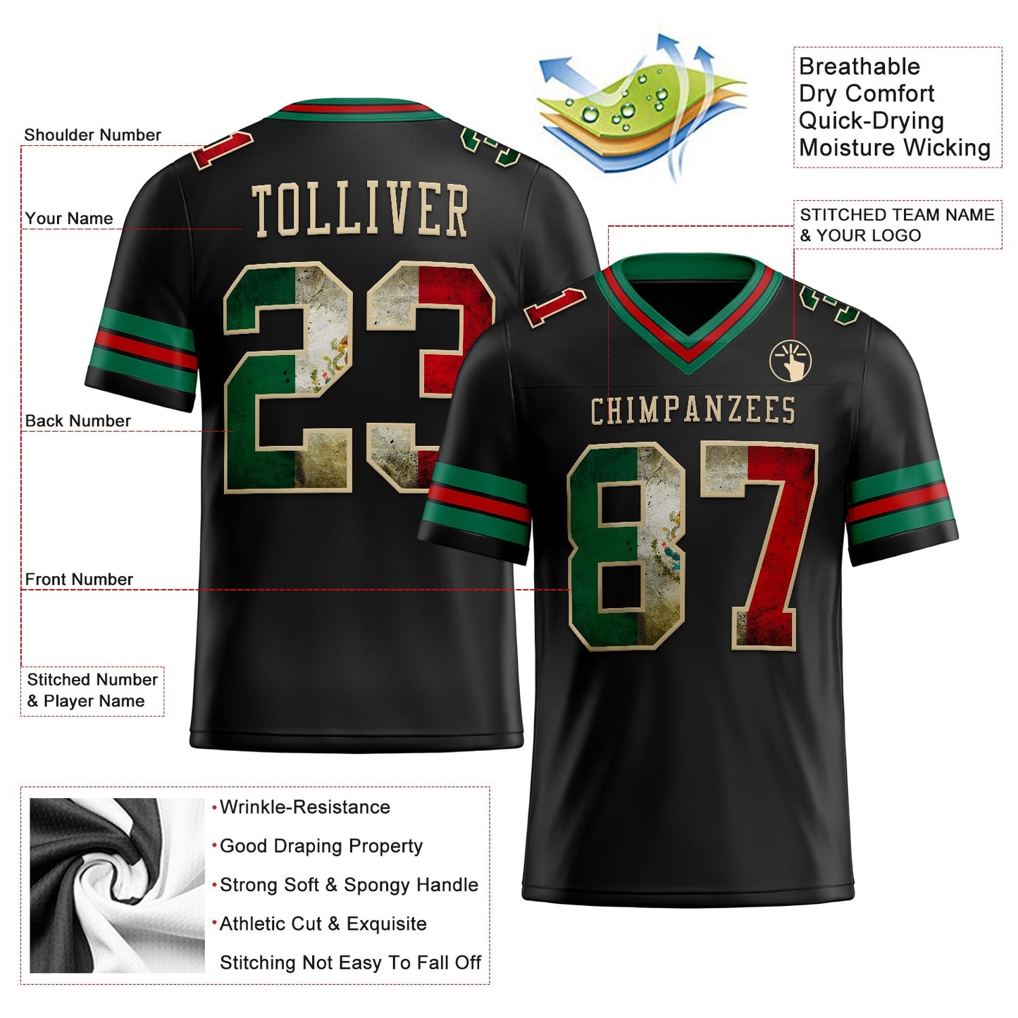 Custom Black Vintage Mexican Flag Kelly Green Red-City Cream Authentic Football Jersey view 2