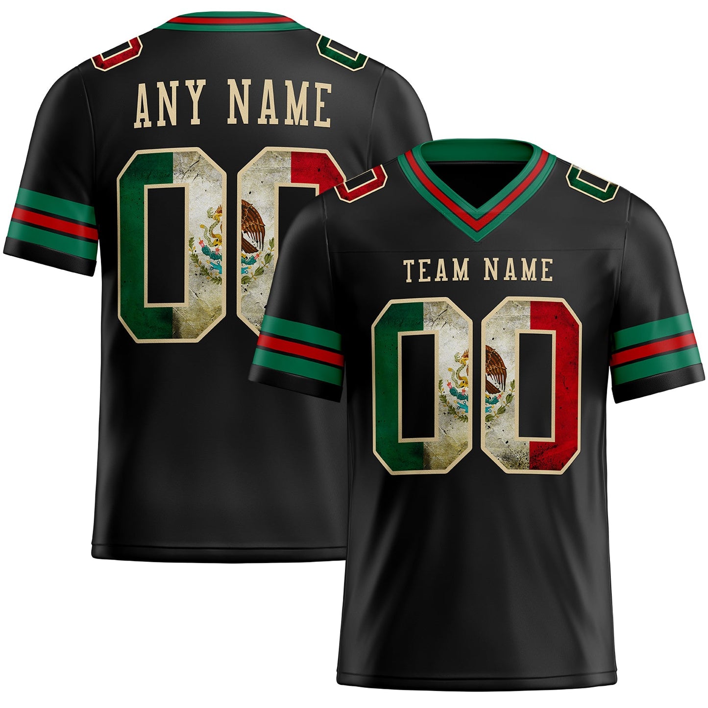 Custom Black Vintage Mexican Flag Kelly Green Red-City Cream Authentic Football Jersey - Main View