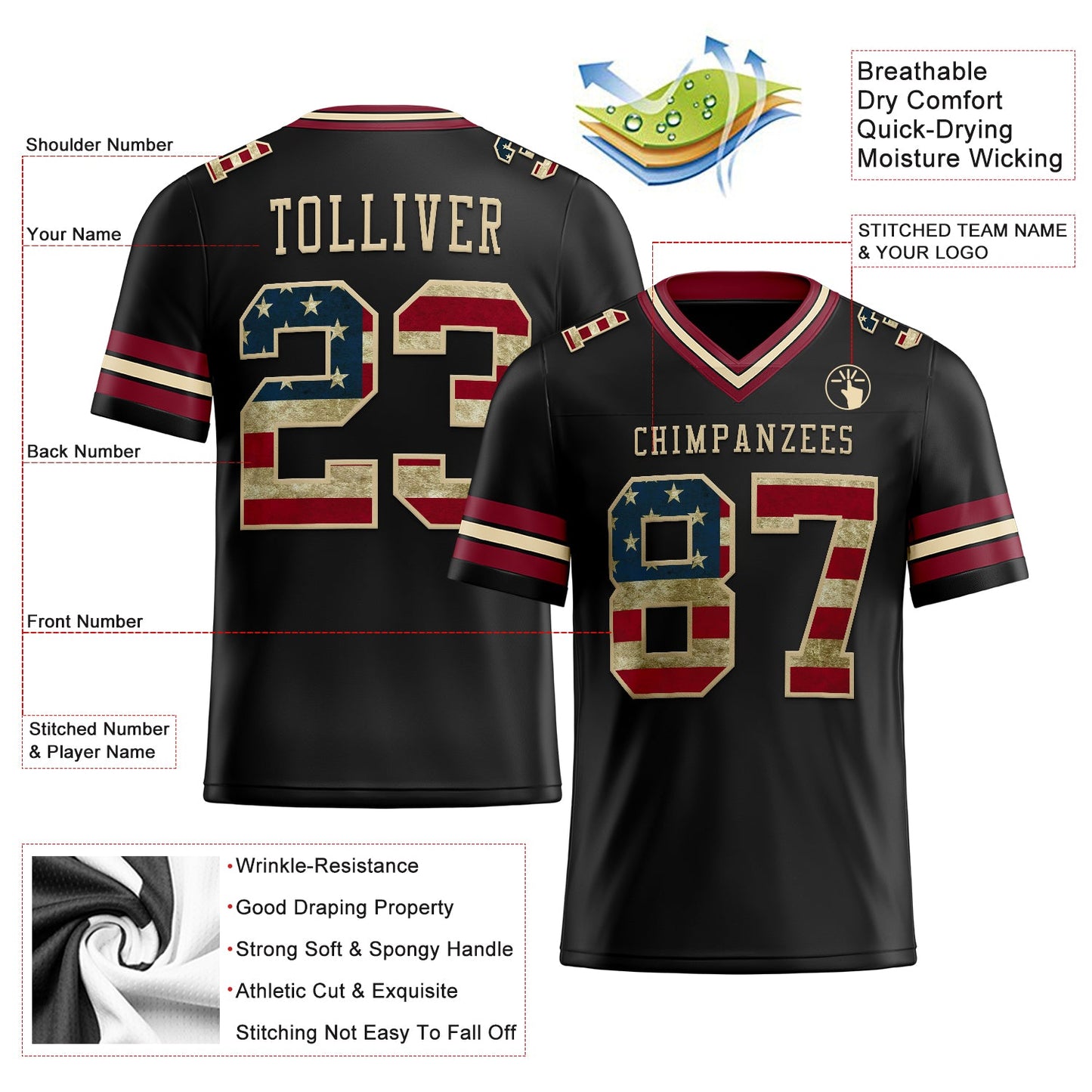 Custom Black Vintage USA Flag Crimson-City Cream Authentic Football Jersey view 2