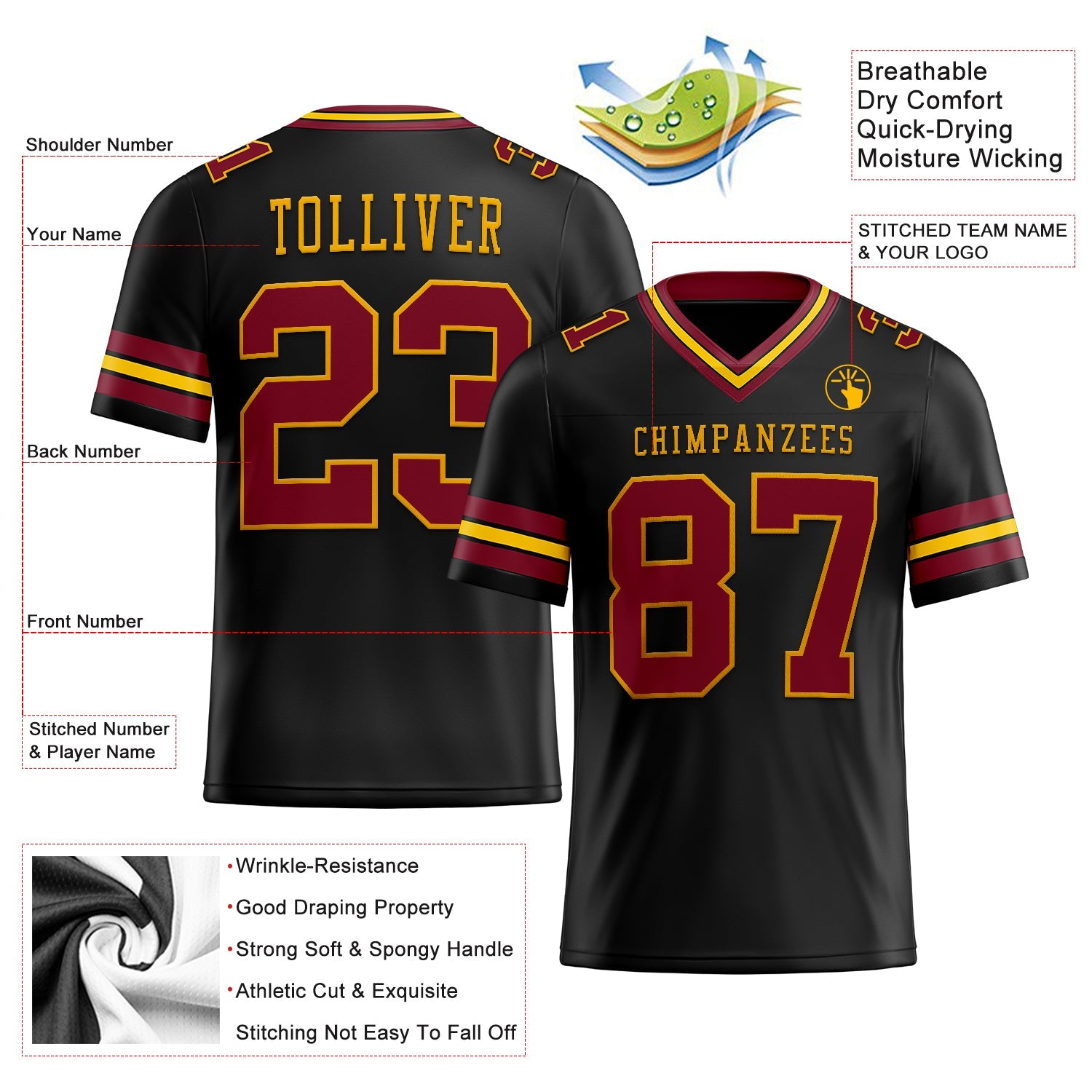 Custom Black Crimson-Gold Authentic Football Jersey view 2