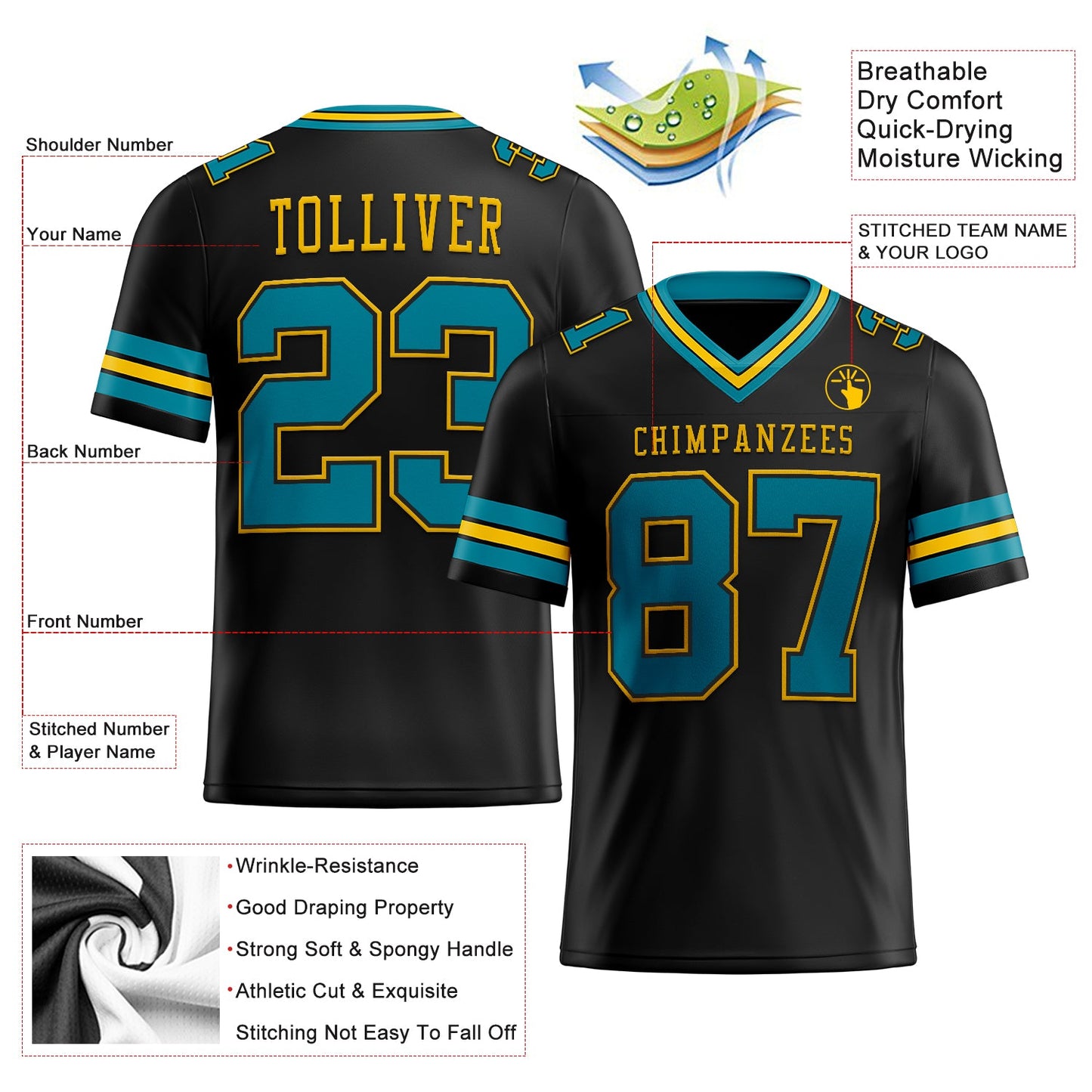 Custom Black Teal-Yellow Authentic Football Jersey view 2