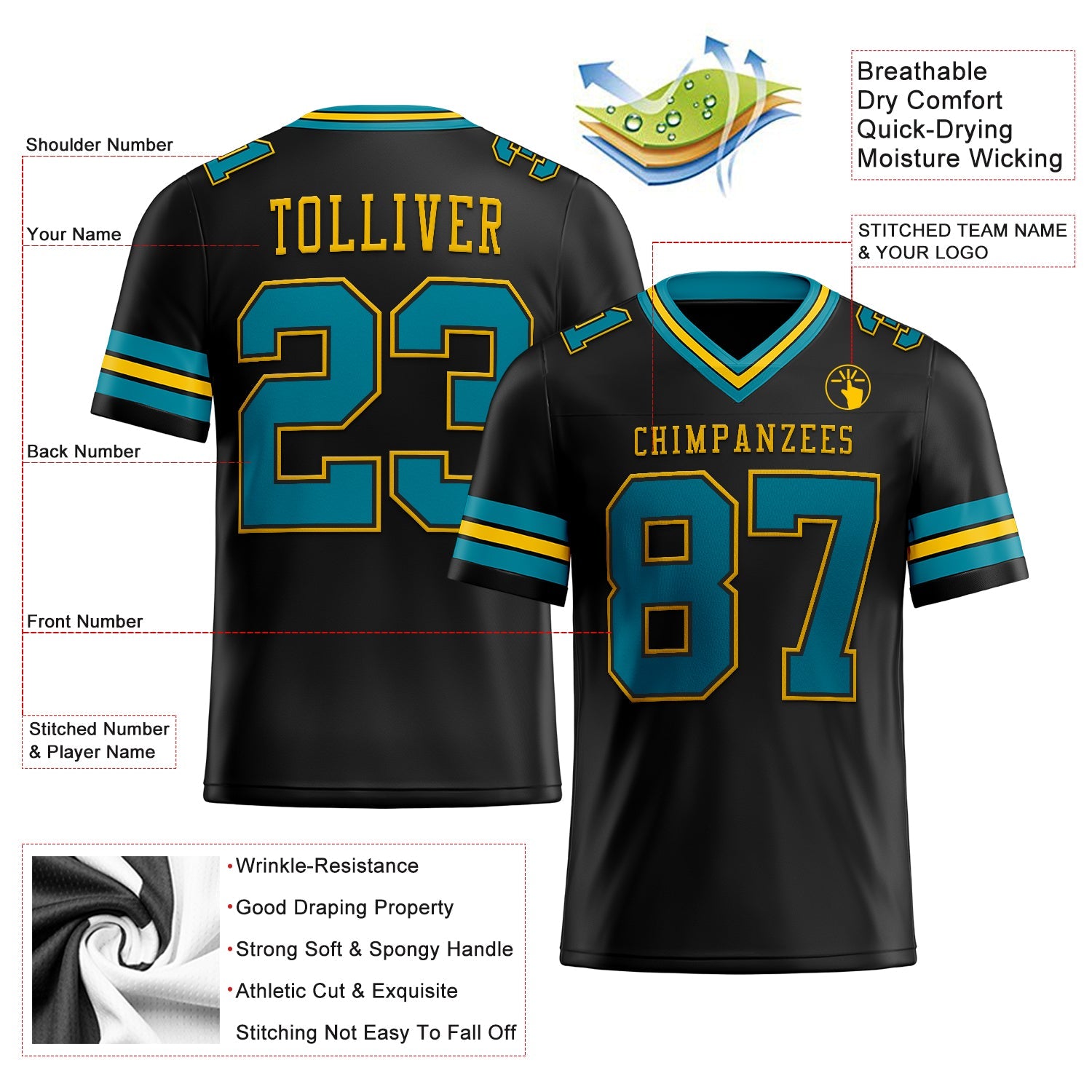 Custom Black Teal-Yellow Authentic Football Jersey view 2