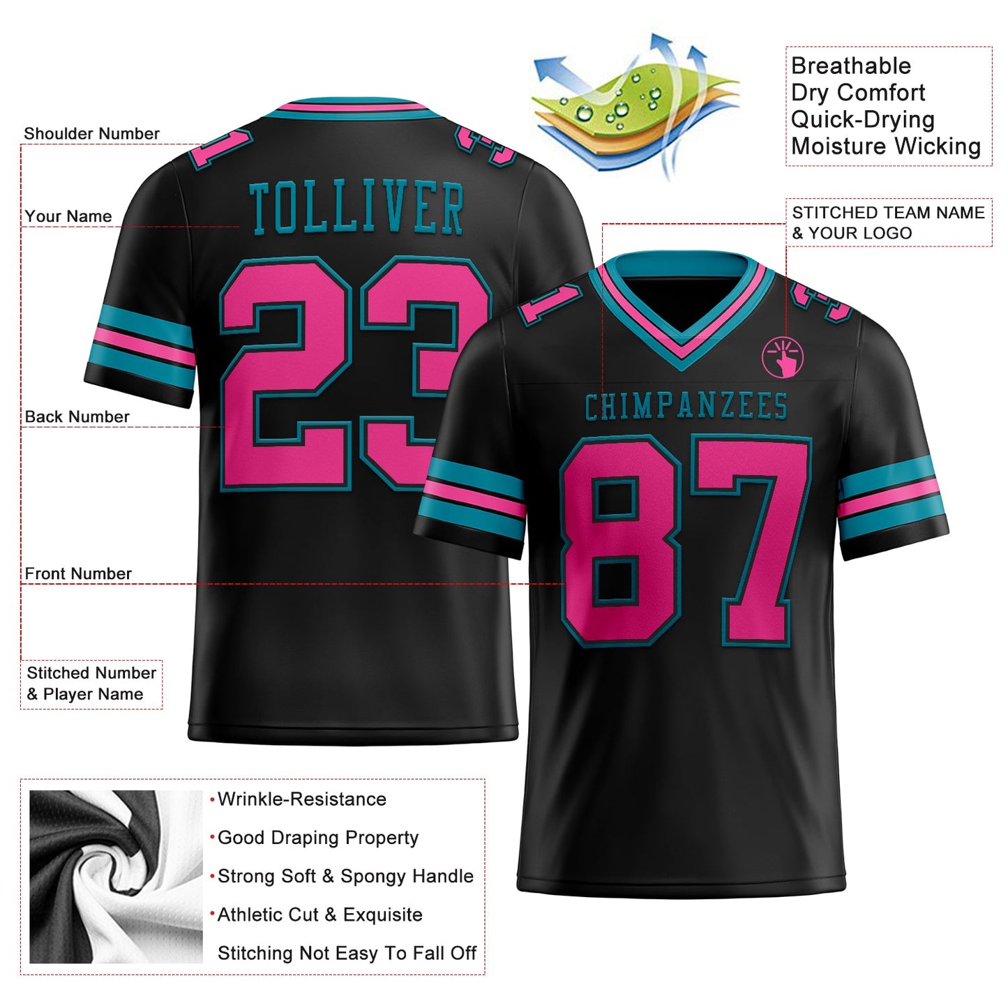 Custom Black Pink-Teal Authentic Football Jersey view 2
