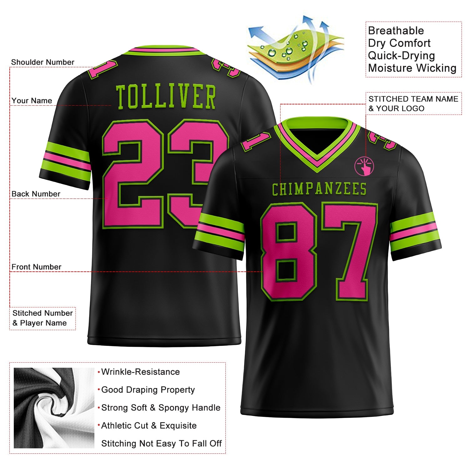 Custom Black Pink-Neon Green Authentic Football Jersey view 2