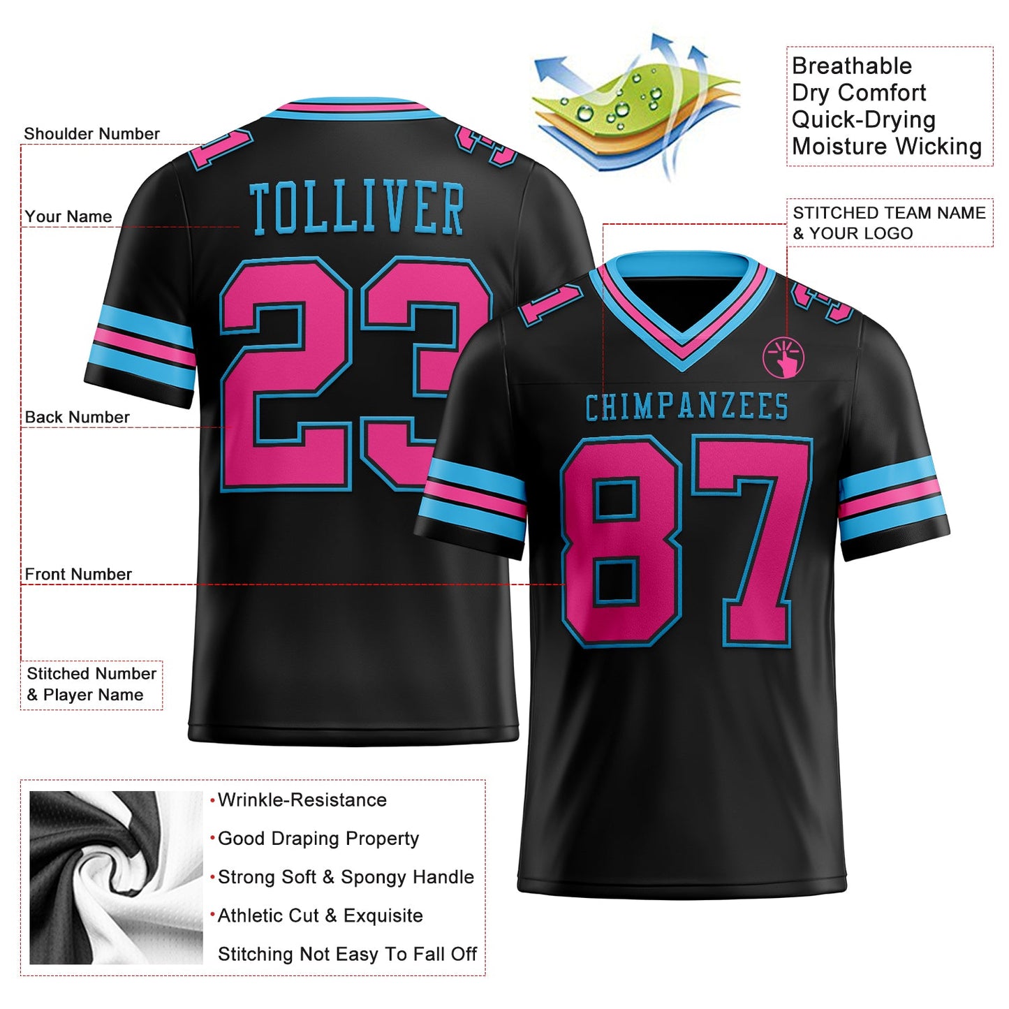 Custom Black Pink-Sky Blue Authentic Football Jersey view 2