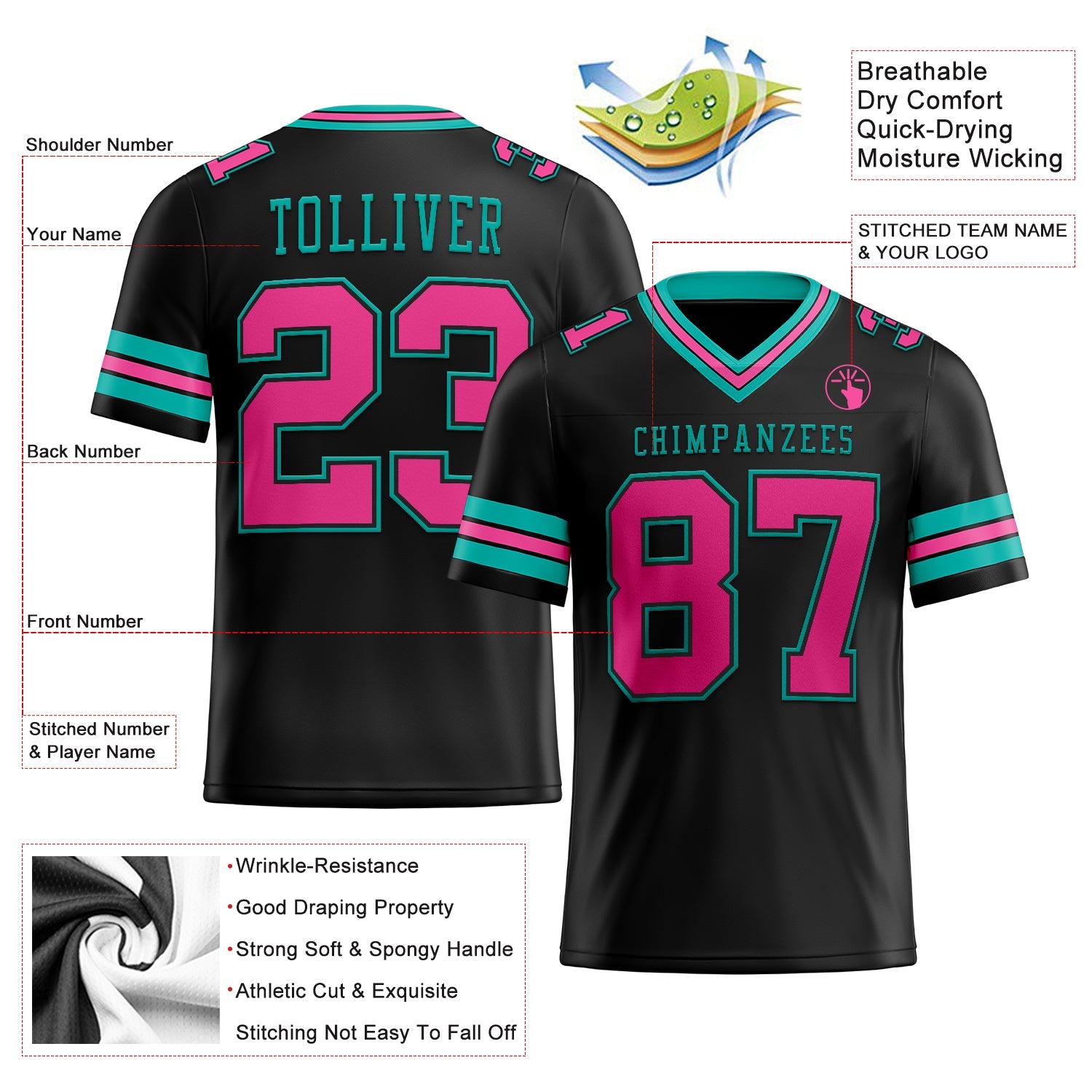 Custom Black Pink-Aqua Authentic Football Jersey view 2