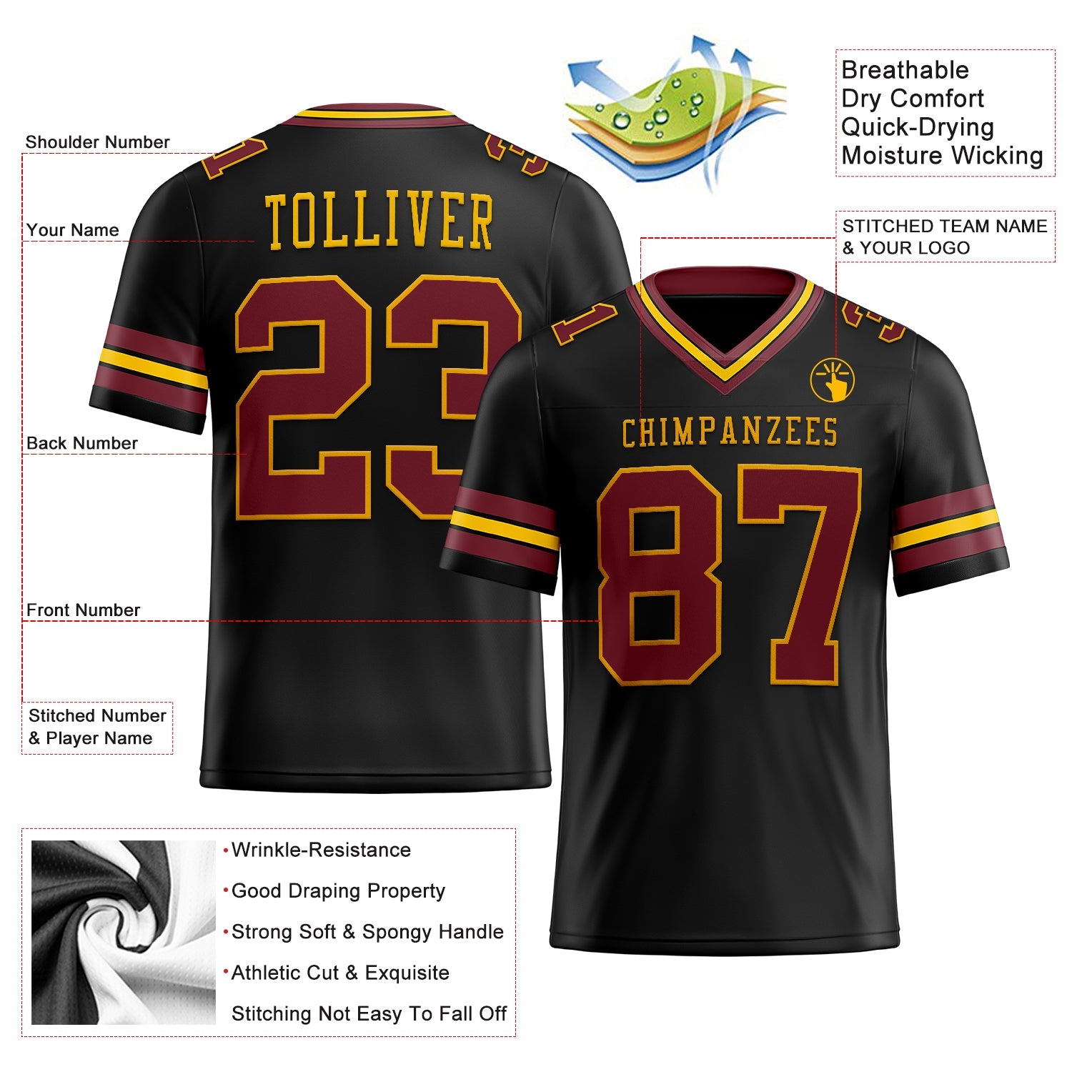 Custom Black Burgundy-Gold Authentic Football Jersey view 2