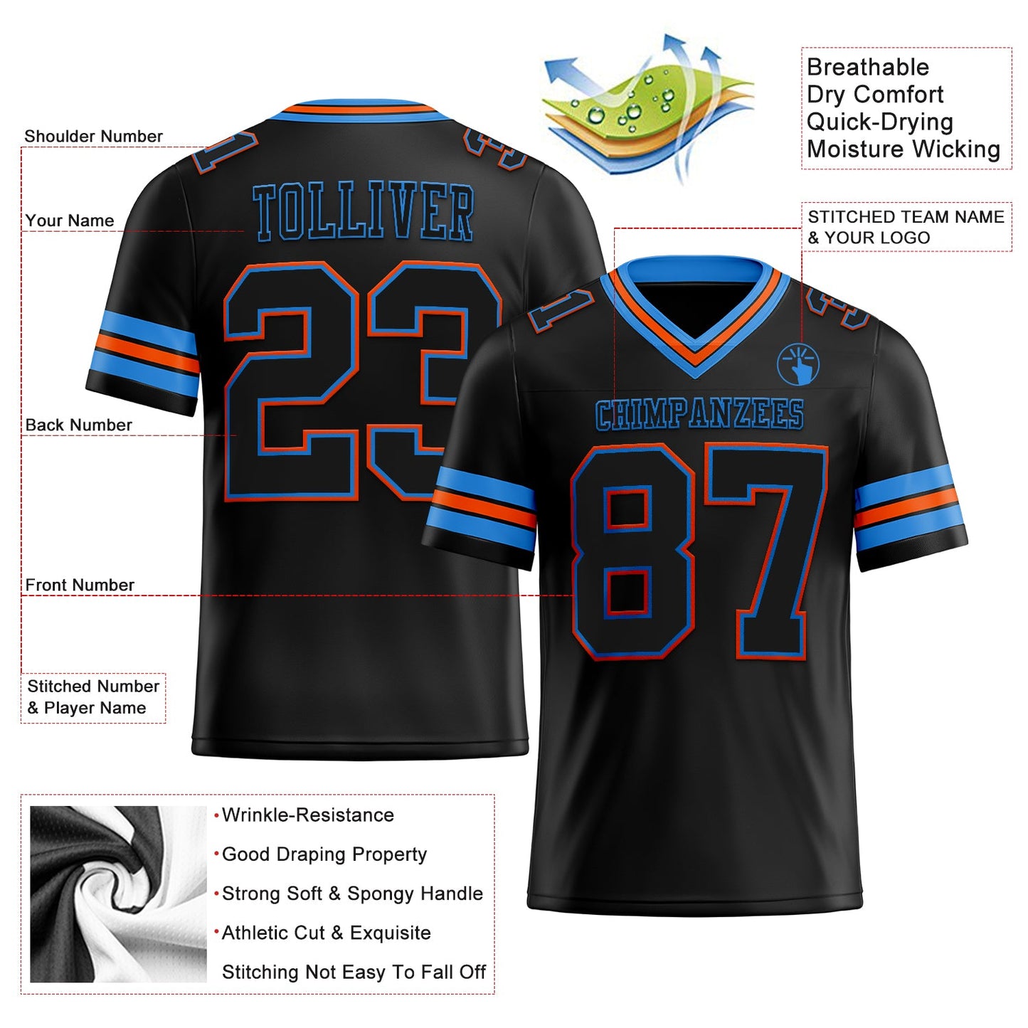 Custom Black Powder Blue-Orange Authentic Football Jersey view 2