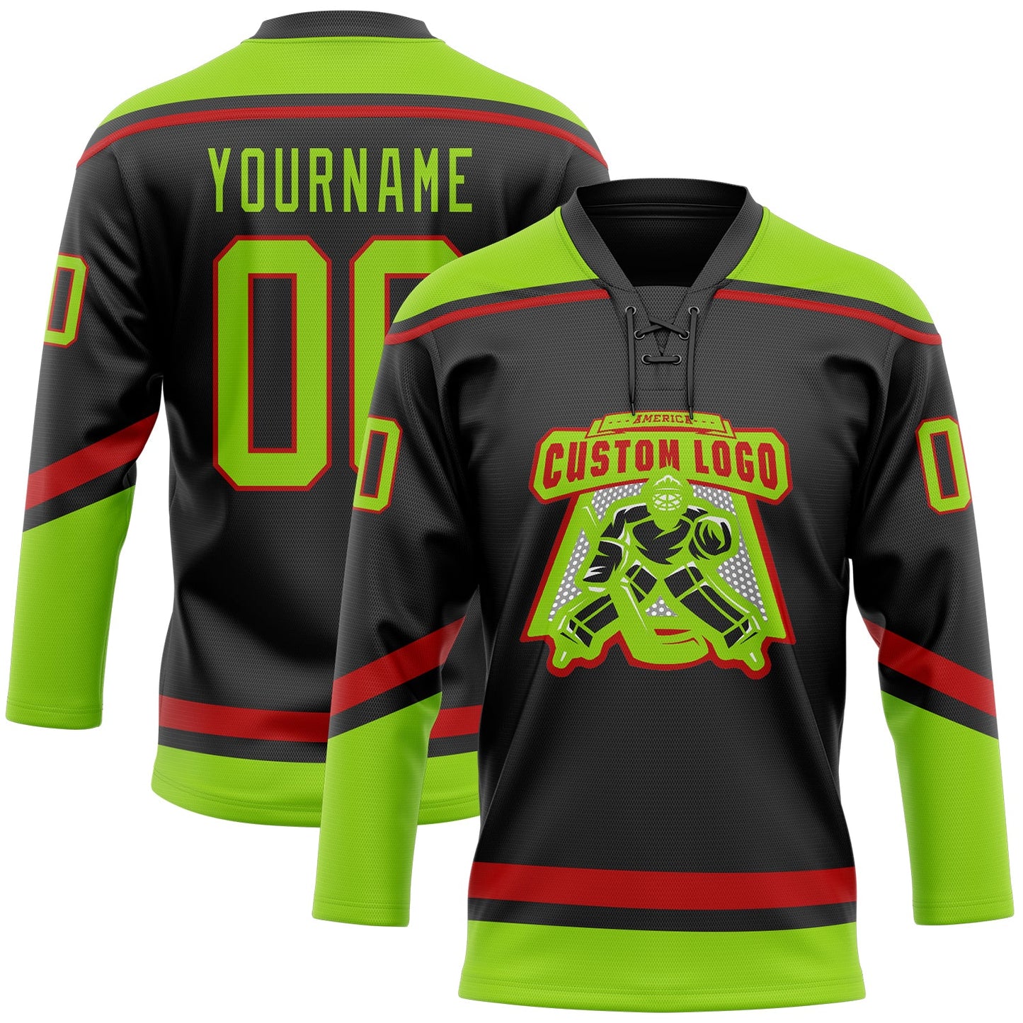 Custom Black Neon Green-Red Hockey Lace Neck Jersey view 2