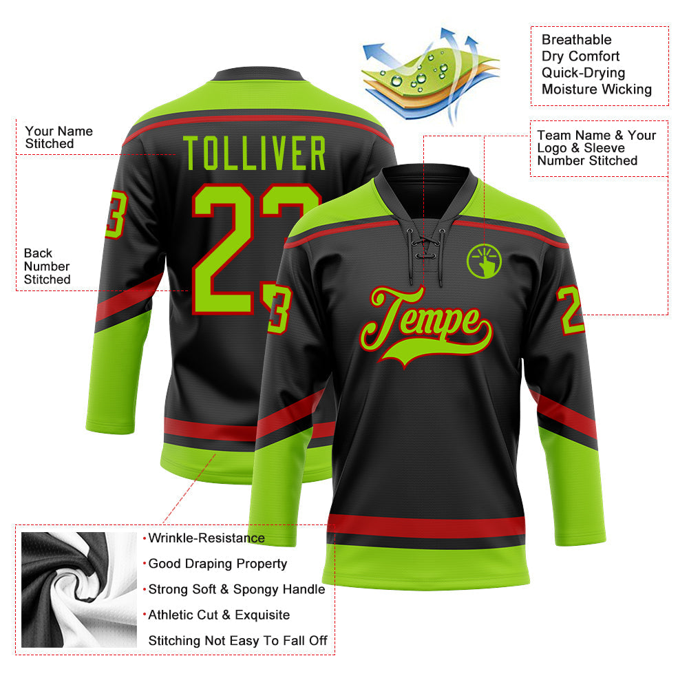 Custom Black Neon Green-Red Hockey Lace Neck Jersey view 3