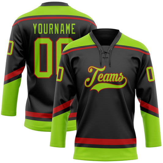 Custom Black Neon Green-Red Hockey Lace Neck Jersey - Main View