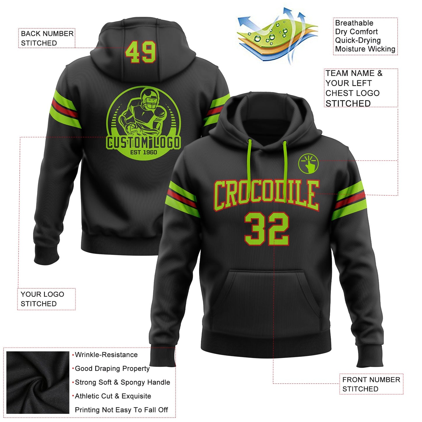 Custom Stitched Black Neon Green-Red Football Pullover Sweatshirt Hoodie view 2