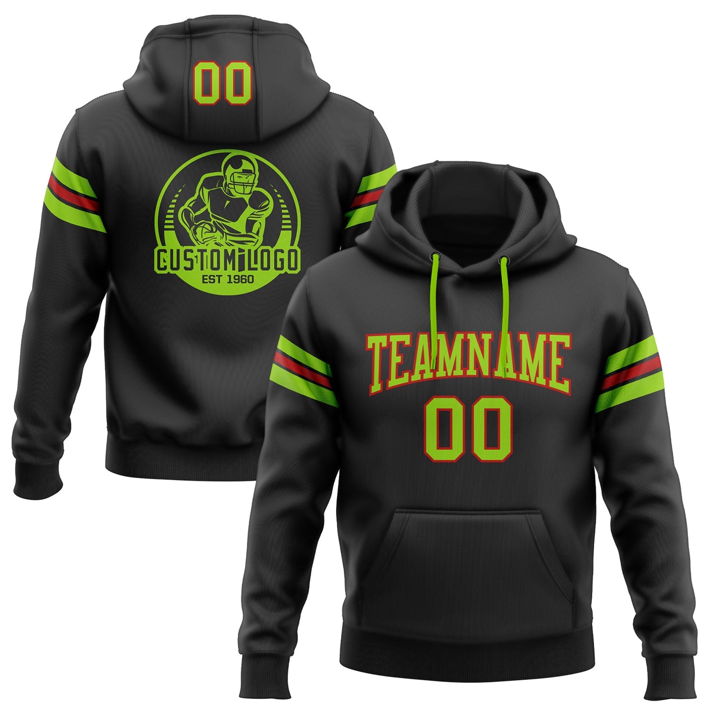 Custom Stitched Black Neon Green-Red Football Pullover Sweatshirt Hoodie - Main View