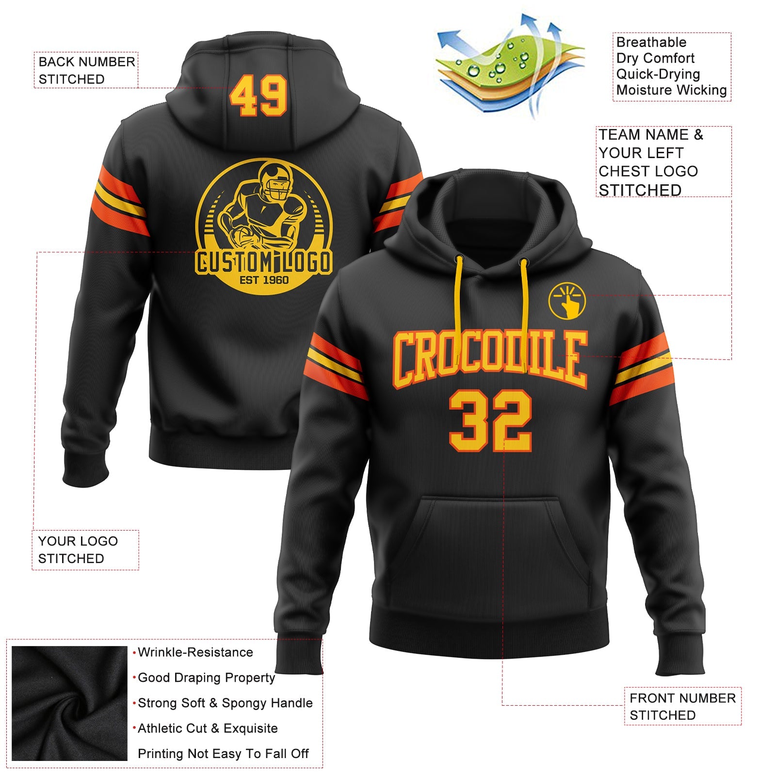 Custom Stitched Black Yellow-Orange Football Pullover Sweatshirt Hoodie view 2