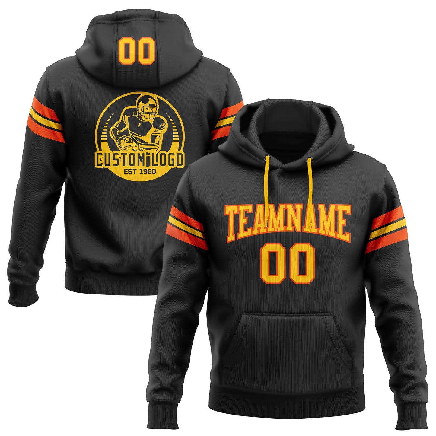 Custom Stitched Black Yellow-Orange Football Pullover Sweatshirt Hoodie - Main View