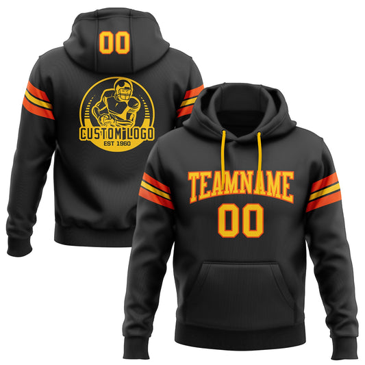 Custom Stitched Black Yellow-Orange Football Pullover Sweatshirt Hoodie - Main View
