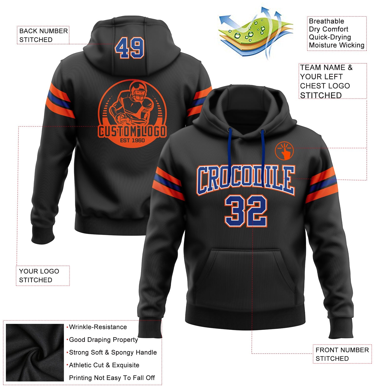 Custom Stitched Black Royal-Orange Football Pullover Sweatshirt Hoodie view 2