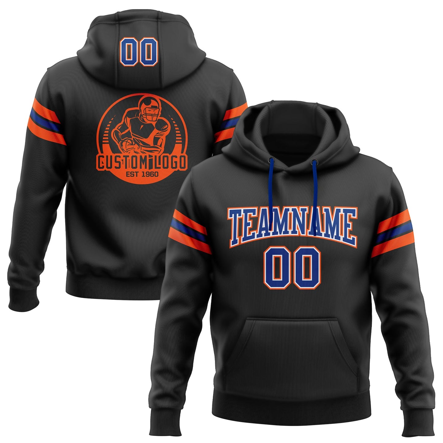 Custom Stitched Black Royal-Orange Football Pullover Sweatshirt Hoodie - Main View
