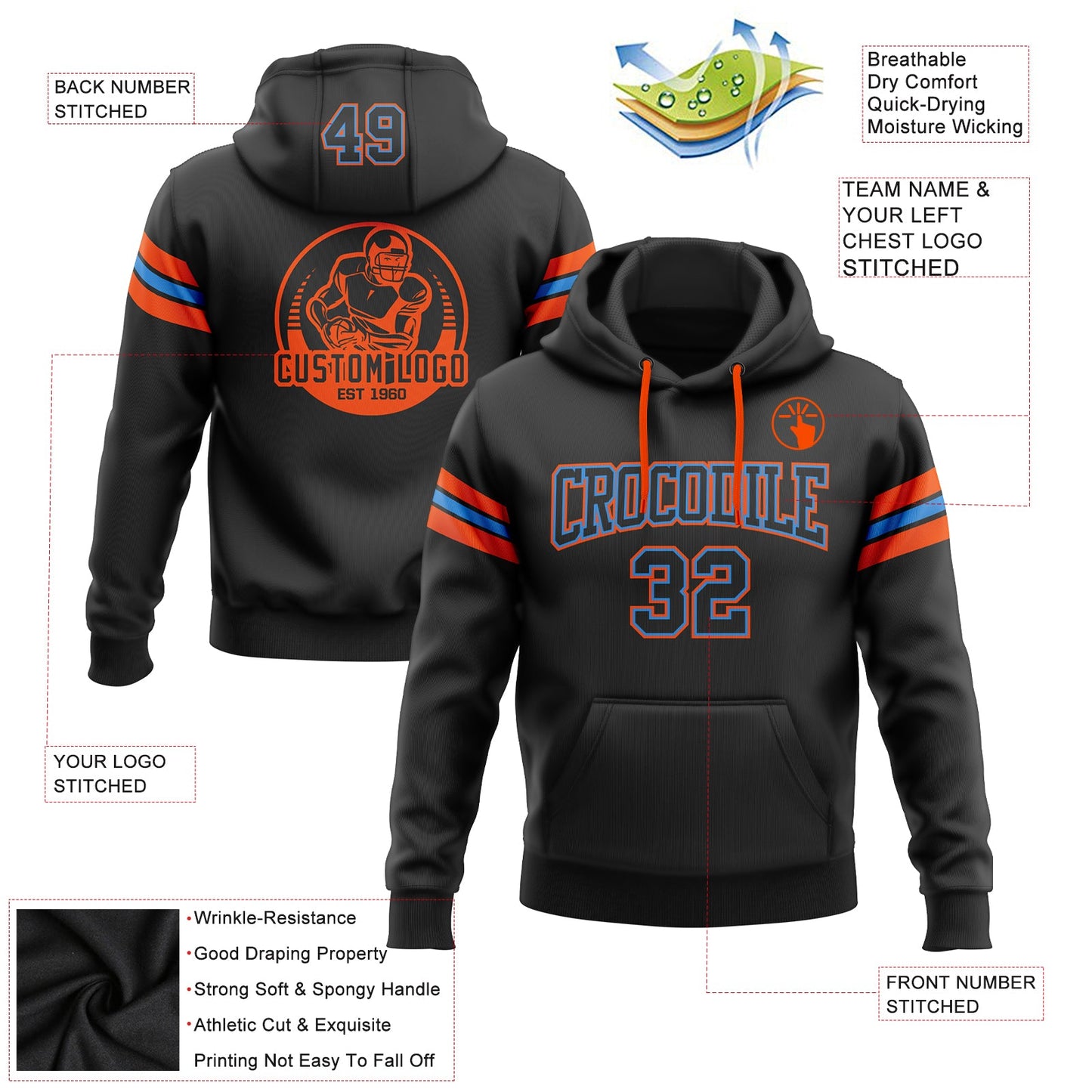 Custom Stitched Black Powder Blue-Orange Football Pullover Sweatshirt Hoodie view 2