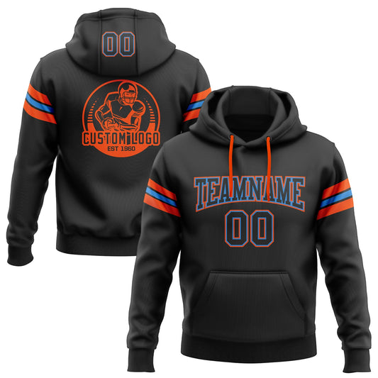Custom Stitched Black Powder Blue-Orange Football Pullover Sweatshirt Hoodie - Main View