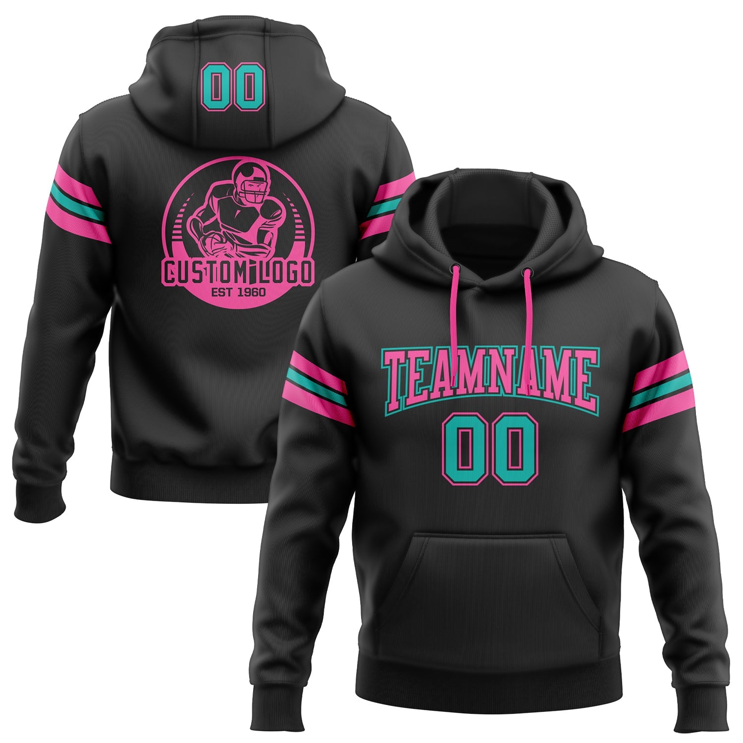 Custom Stitched Black Aqua-Pink Football Pullover Sweatshirt Hoodie - Main View