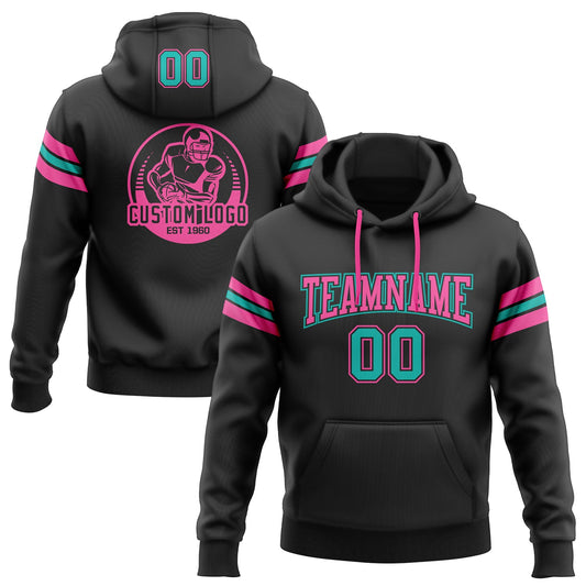 Custom Stitched Black Aqua-Pink Football Pullover Sweatshirt Hoodie - Main View