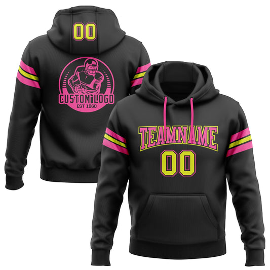 Custom Stitched Black Neon Yellow-Pink Football Pullover Sweatshirt Hoodie - Main View