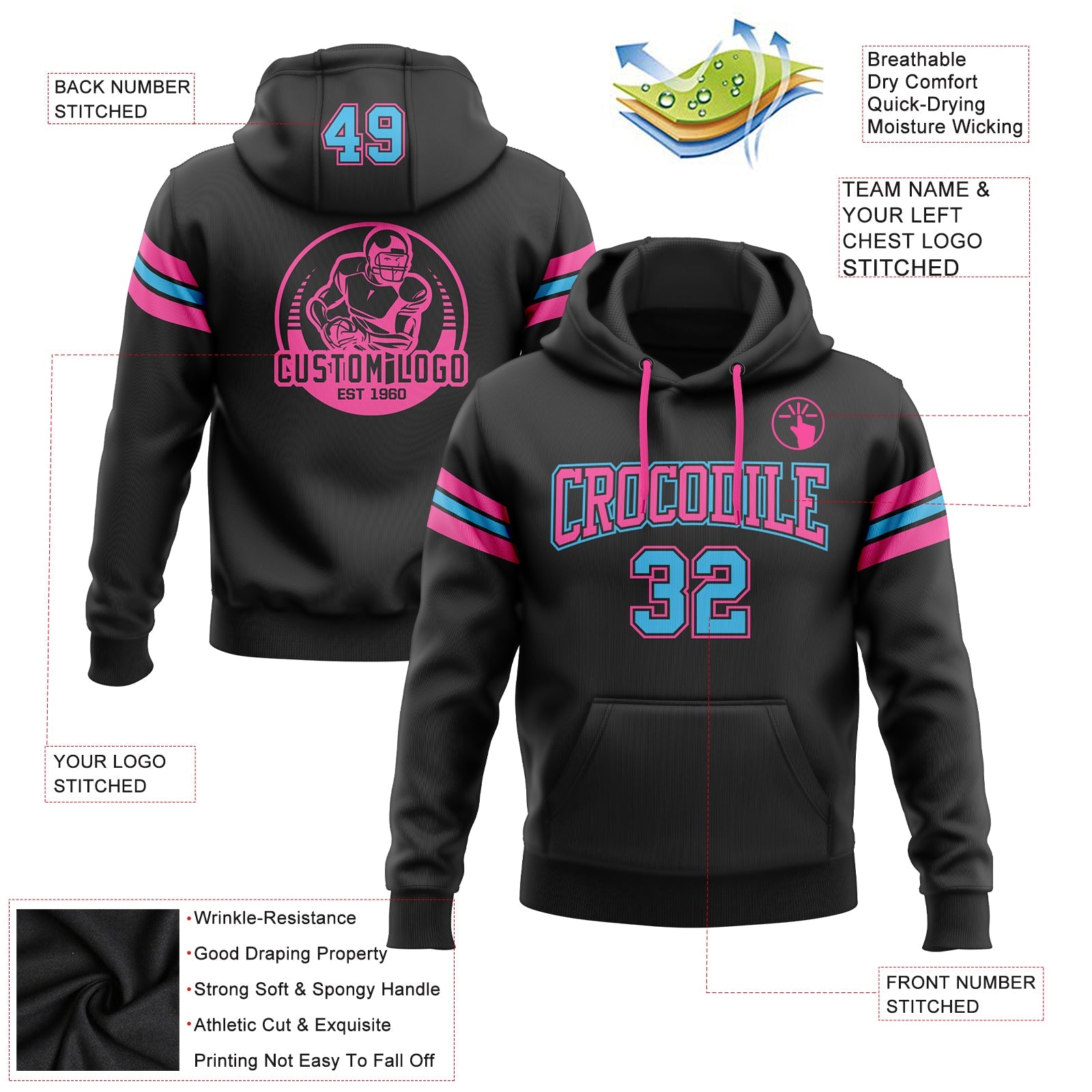 Custom Stitched Black Sky Blue-Pink Football Pullover Sweatshirt Hoodie view 2