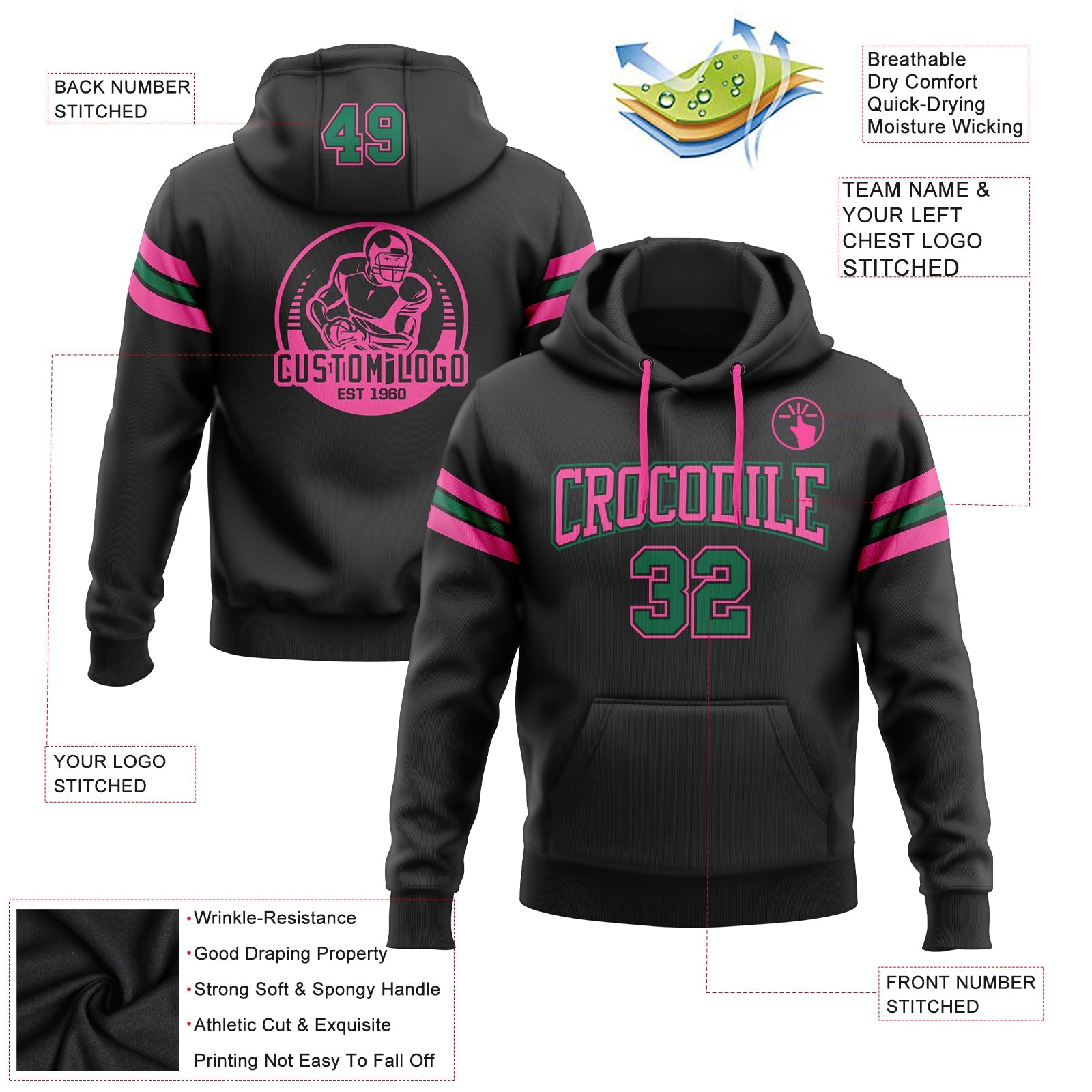 Custom Stitched Black Kelly Green-Pink Football Pullover Sweatshirt Hoodie view 2