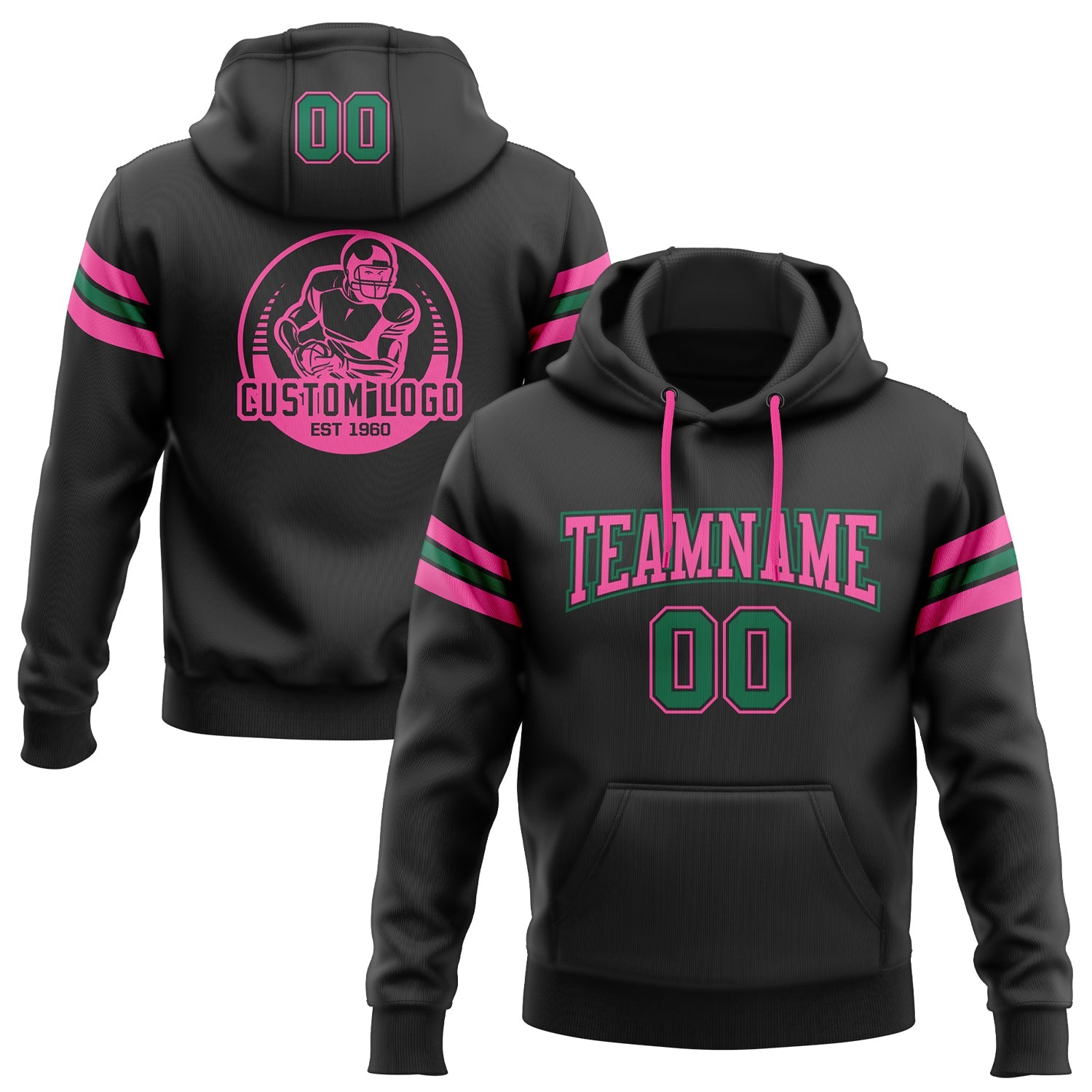 Custom Stitched Black Kelly Green-Pink Football Pullover Sweatshirt Hoodie - Main View