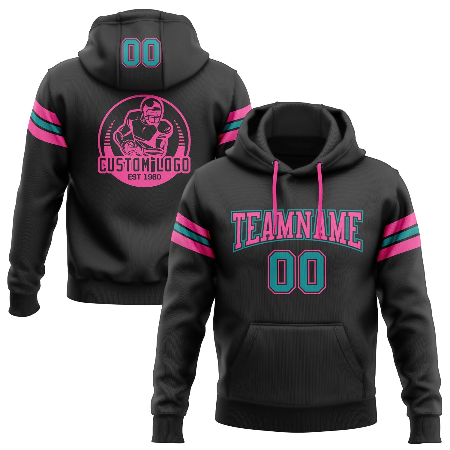 Custom Stitched Black Teal-Pink Football Pullover Sweatshirt Hoodie - Main View