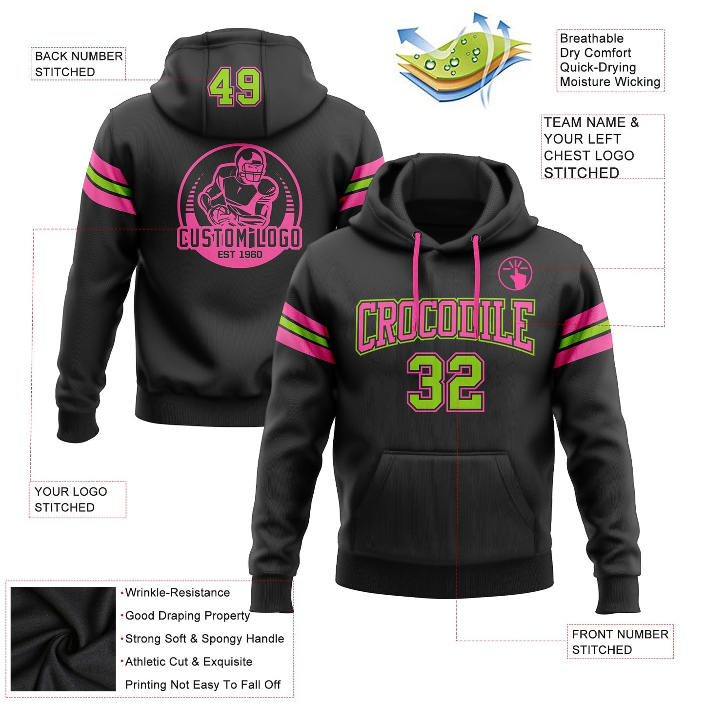 Custom Stitched Black Neon Green-Pink Football Pullover Sweatshirt Hoodie view 2