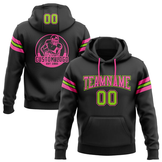 Custom Stitched Black Neon Green-Pink Football Pullover Sweatshirt Hoodie - Main View