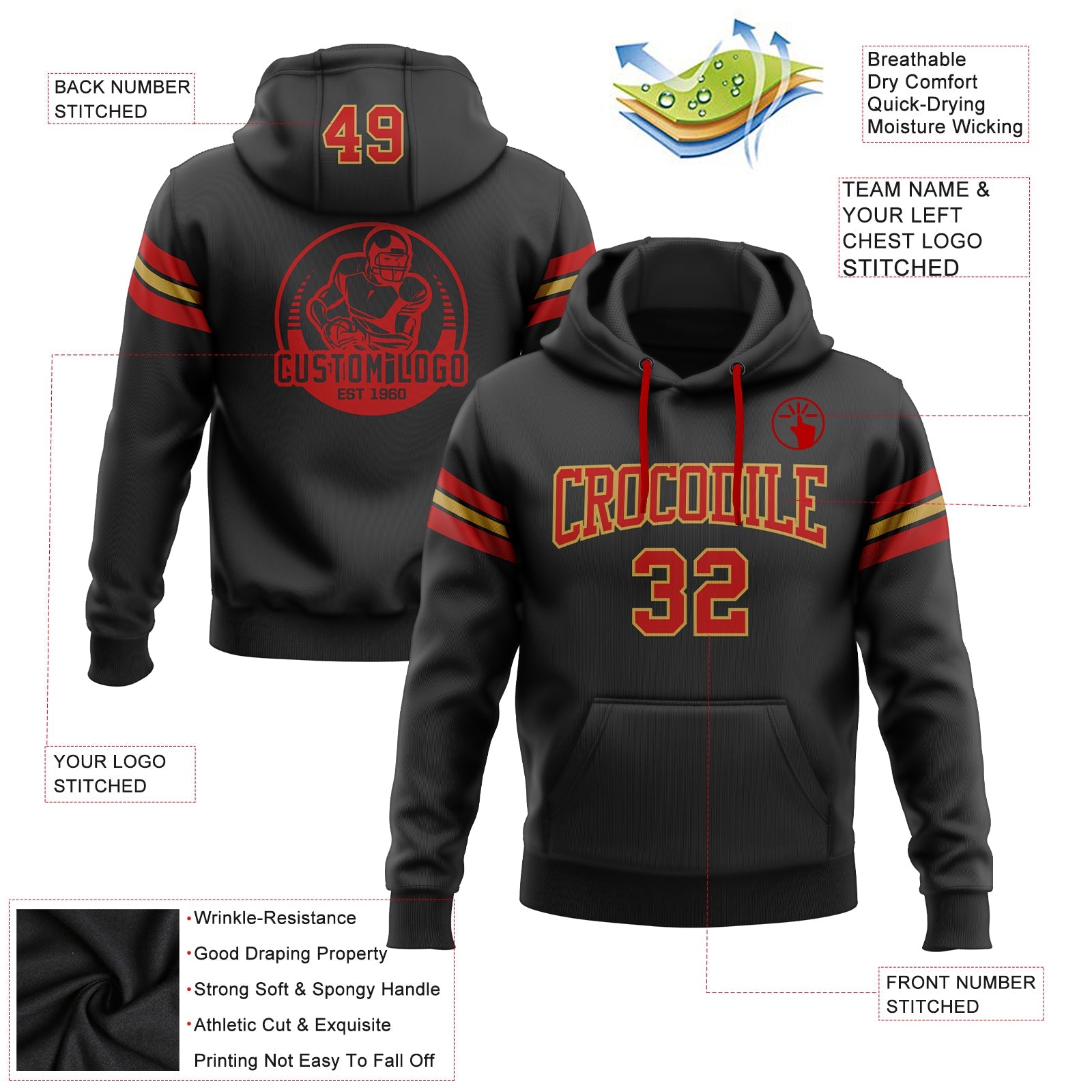 Custom Stitched Black Red-Old Gold Football Pullover Sweatshirt Hoodie view 2