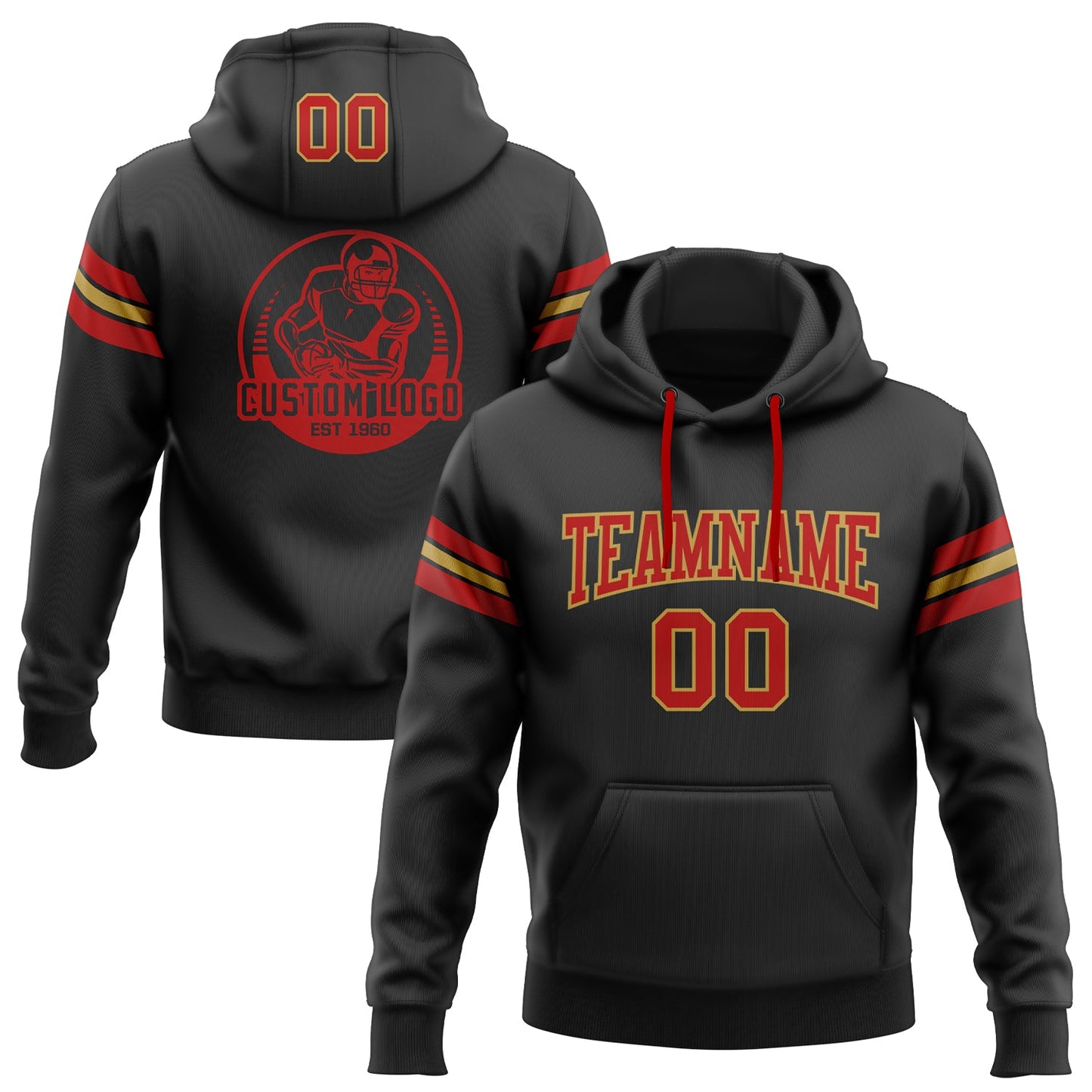 Custom Stitched Black Red-Old Gold Football Pullover Sweatshirt Hoodie - Main View