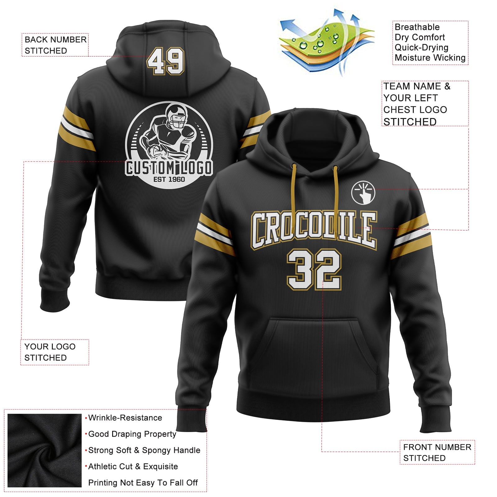 Custom Stitched Black White-Old Gold Football Pullover Sweatshirt Hoodie view 2
