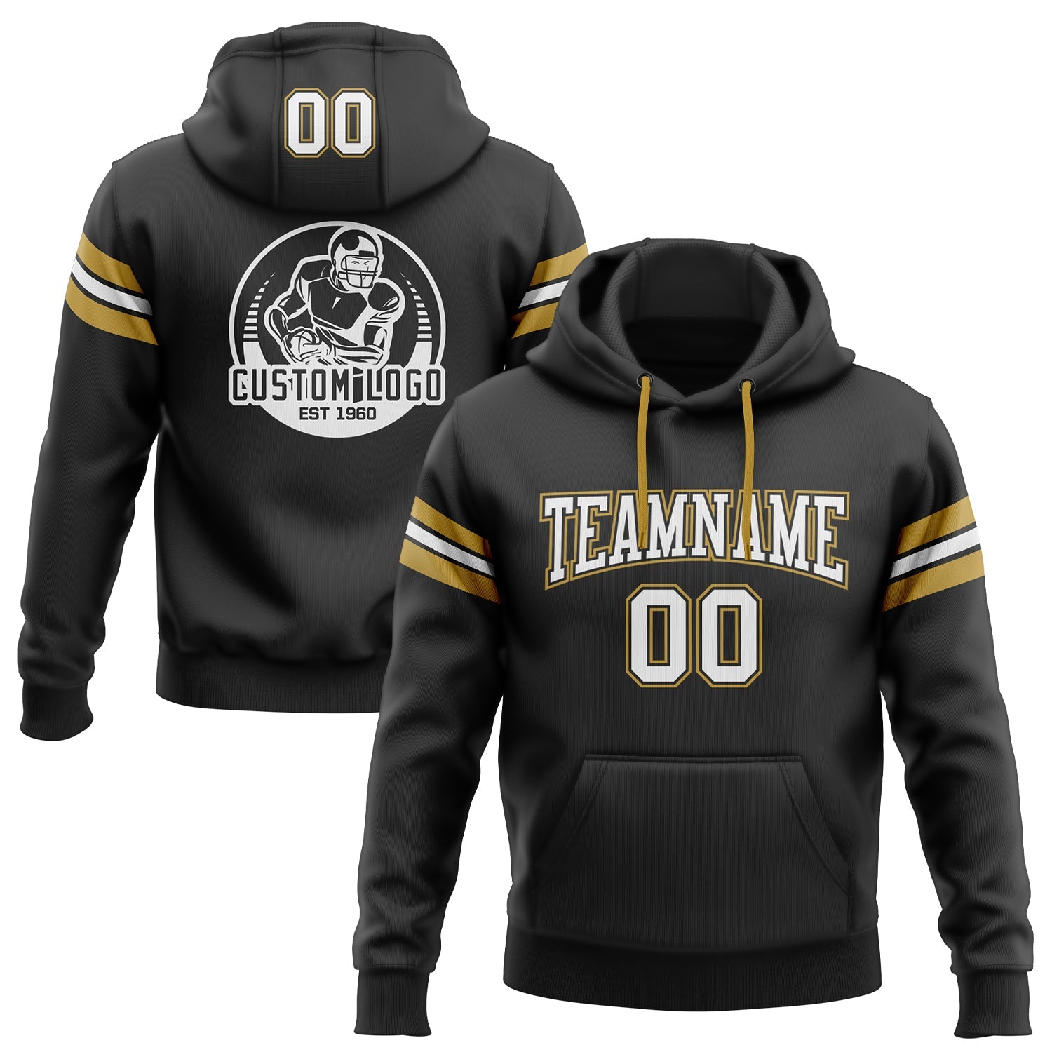 Custom Stitched Black White-Old Gold Football Pullover Sweatshirt Hoodie - Main View