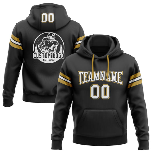 Custom Stitched Black White-Old Gold Football Pullover Sweatshirt Hoodie - Main View