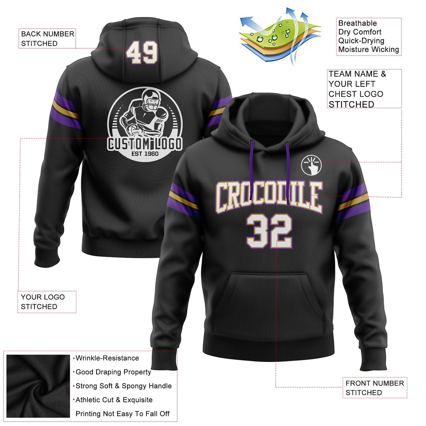 Custom Stitched Black White Old Gold-Purple Football Pullover Sweatshirt Hoodie view 2