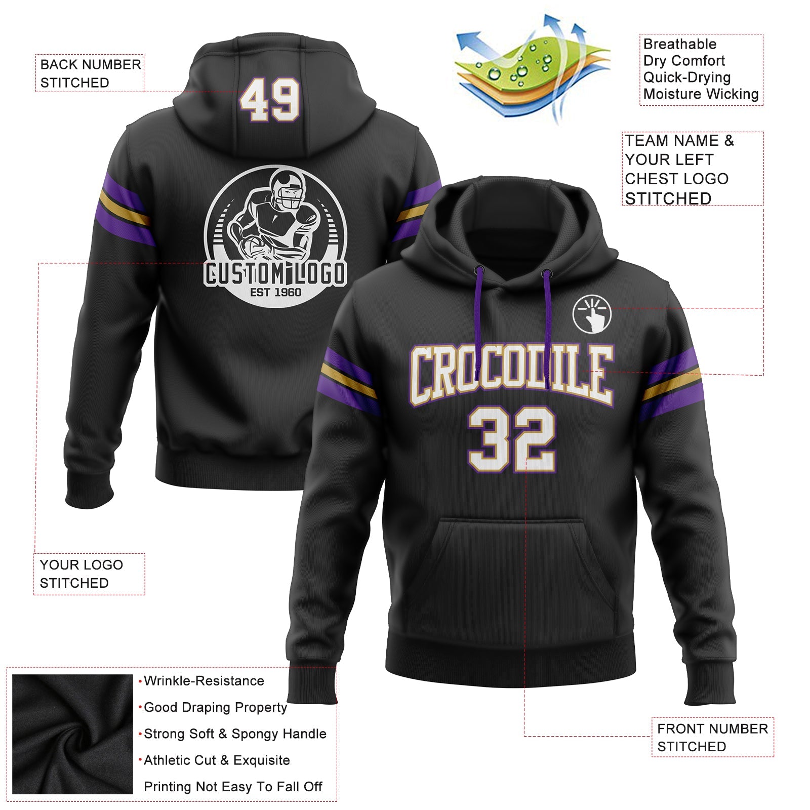 Custom Stitched Black White Old Gold-Purple Football Pullover Sweatshirt Hoodie view 2