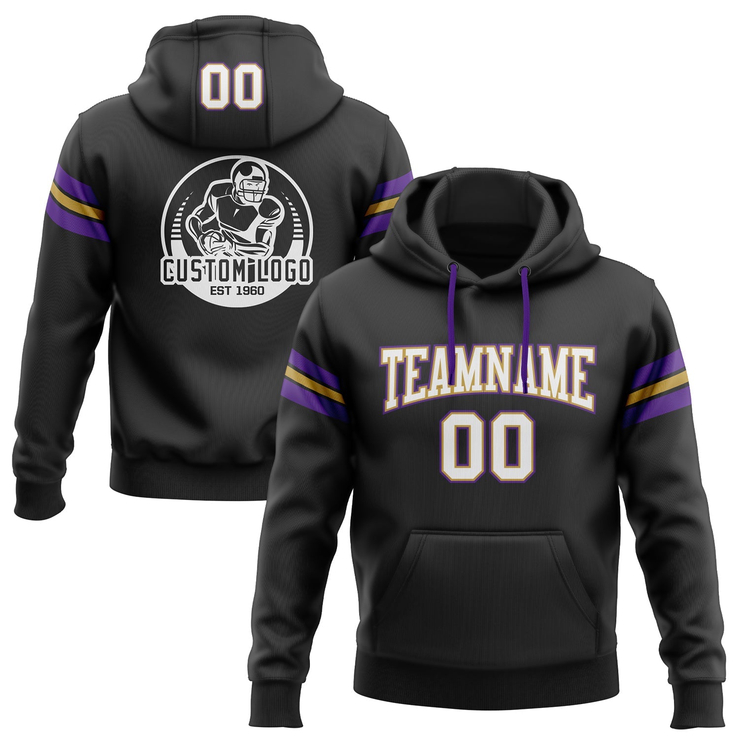 Custom Stitched Black White Old Gold-Purple Football Pullover Sweatshirt Hoodie - Main View