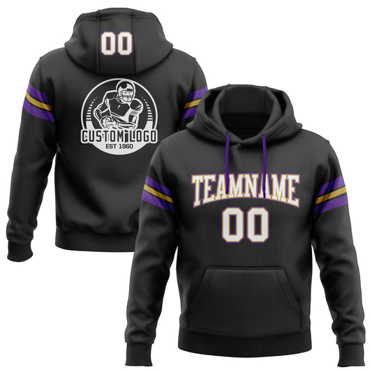 Custom Stitched Black White Old Gold-Purple Football Pullover Sweatshirt Hoodie - Main View